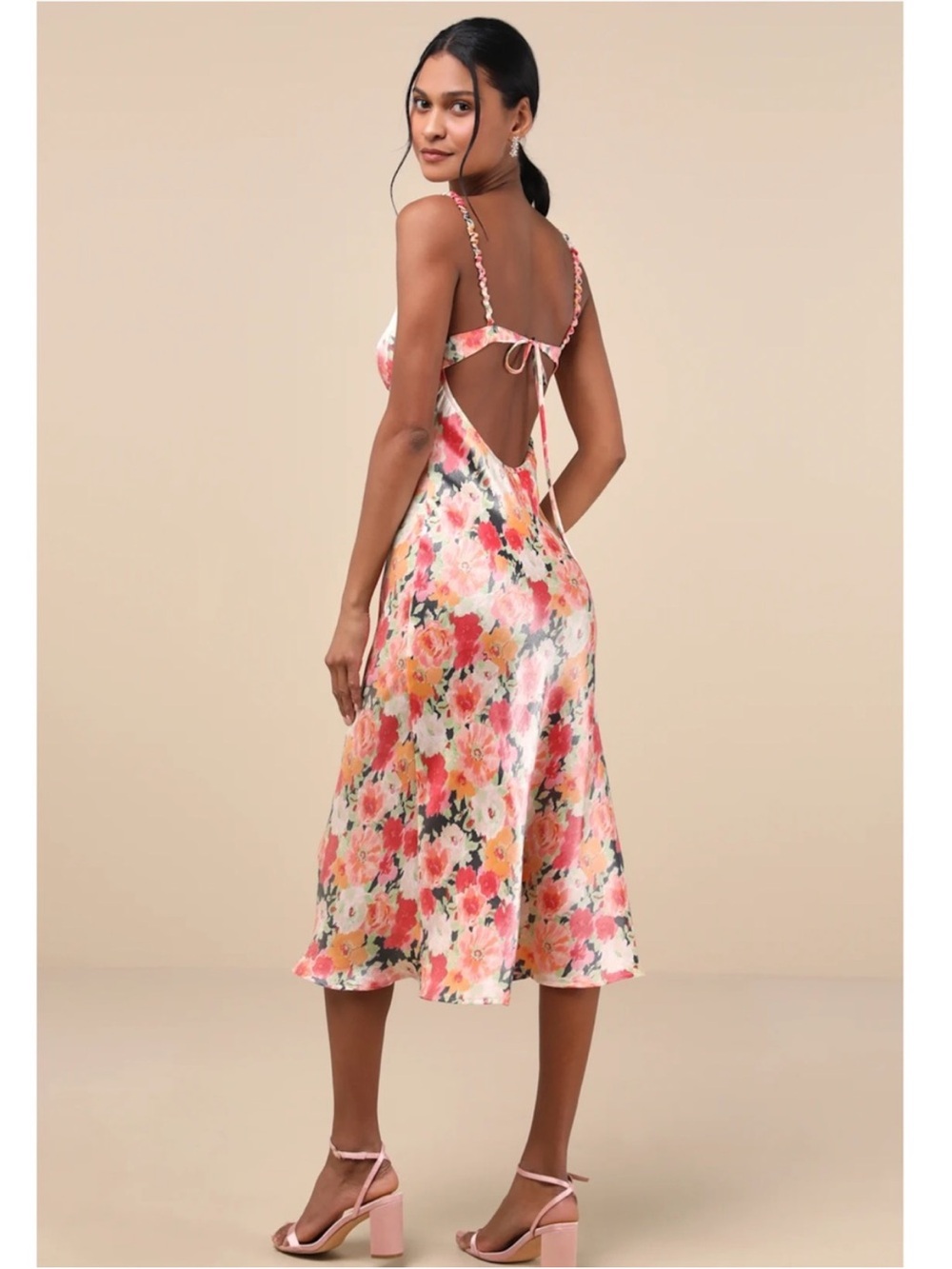 Lulu's Floral Midi Slip Dress in Pink, Coral, Yellow - Picture 2 of 12